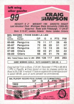 1989-90 O-Pee-Chee - Tembec Test White Backs #99 Craig Simpson Back