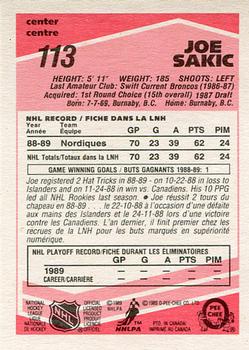 1989-90 O-Pee-Chee - Tembec Test White Backs #113 Joe Sakic Back
