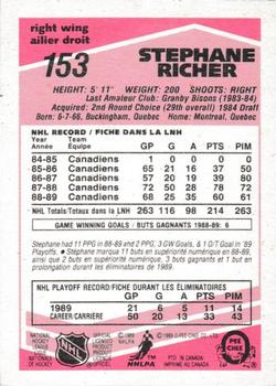 1989-90 O-Pee-Chee - Tembec Test White Backs #153 Stephane Richer Back