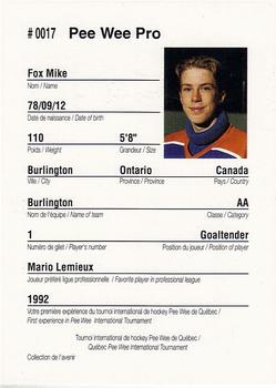 1992 Quebec International Pee-Wee Tournament #0017 Mike Fox Back