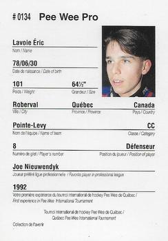 1992 Quebec International Pee-Wee Tournament #0134 Eric Lavoie Back