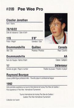1992 Quebec International Pee-Wee Tournament #0189 Jonathan Cloutier Back