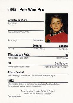 1992 Quebec International Pee-Wee Tournament #0305 Mark Armstrong Back