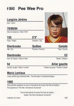 1992 Quebec International Pee-Wee Tournament #0645 Jerome Langlois Back