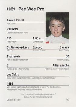 1992 Quebec International Pee-Wee Tournament #0869 Pascal Lavoie Back