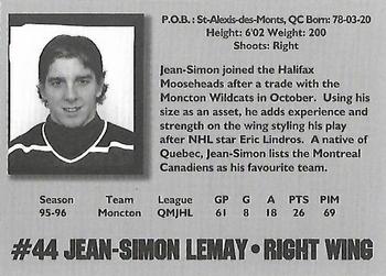 1996-97 Halifax Mooseheads (QMJHL) Series I #NNO Jean-Simon Lemay Back
