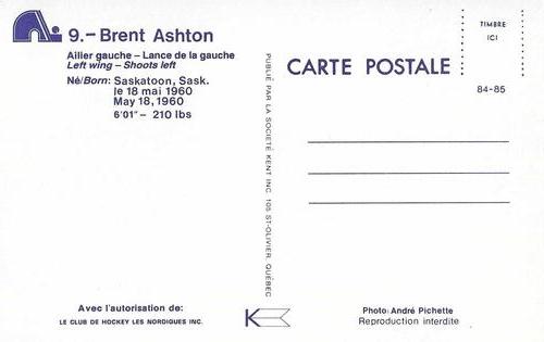 1984-85 Quebec Nordiques Postcards #NNO Brent Ashton Back