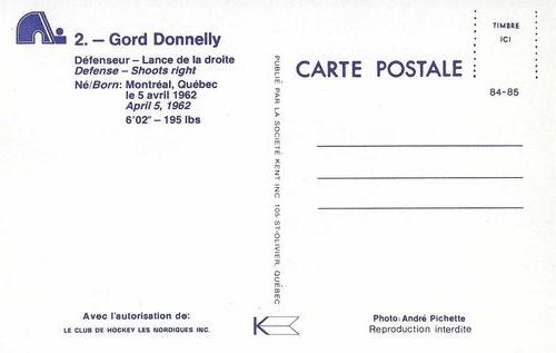 1984-85 Quebec Nordiques Postcards #NNO Gord Donnelly Back