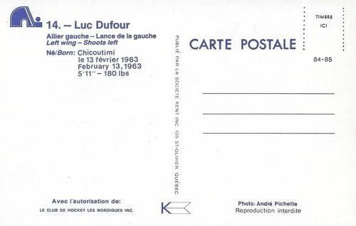 1984-85 Quebec Nordiques Postcards #NNO Luc Dufour Back