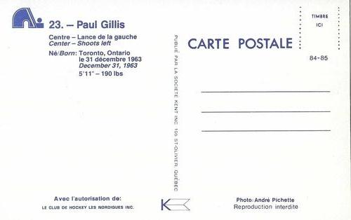1984-85 Quebec Nordiques Postcards #NNO Paul Gillis Back