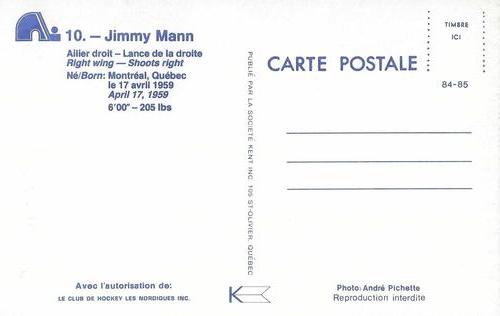 1984-85 Quebec Nordiques Postcards #NNO Jimmy Mann Back