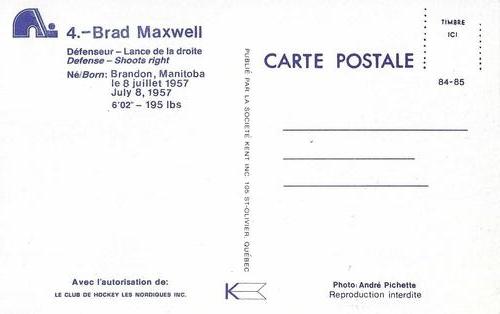 1984-85 Quebec Nordiques Postcards #NNO Brad Maxwell Back