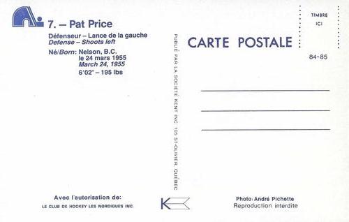 1984-85 Quebec Nordiques Postcards #NNO Pat Price Back