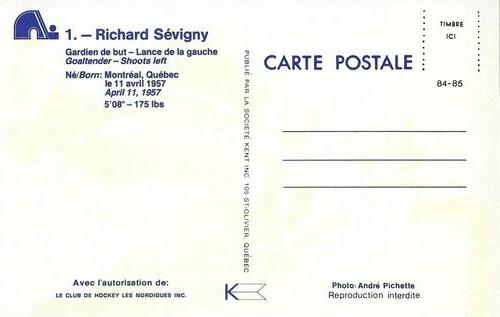 1984-85 Quebec Nordiques Postcards #NNO Richard Sevigny Back