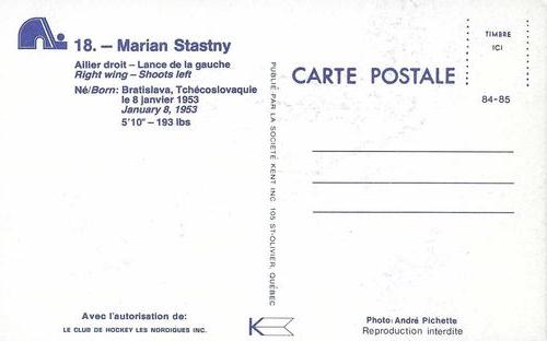 1984-85 Quebec Nordiques Postcards #NNO Marian Stastny Back