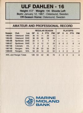 1989-90 Marine Midland New York Rangers #NNO Ulf Dahlen Back