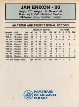 1989-90 Marine Midland New York Rangers #NNO Jan Erixon Back