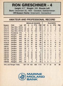 1989-90 Marine Midland New York Rangers #NNO Ron Greschner Back