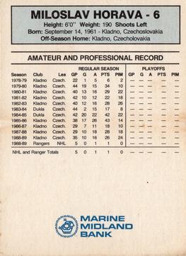 1989-90 Marine Midland New York Rangers #NNO Miloslav Horava Back