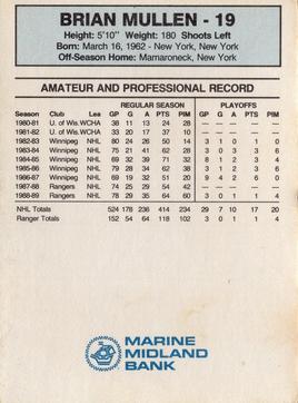 1989-90 Marine Midland New York Rangers #NNO Brian Mullen Back
