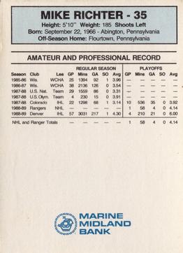 1989-90 Marine Midland New York Rangers #NNO Mike Richter Back