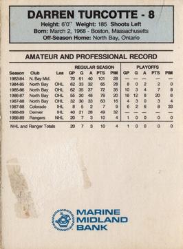 1989-90 Marine Midland New York Rangers #NNO Darren Turcotte Back