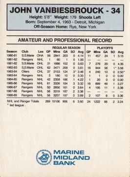 1989-90 Marine Midland New York Rangers #NNO John Vanbiesbrouck Back