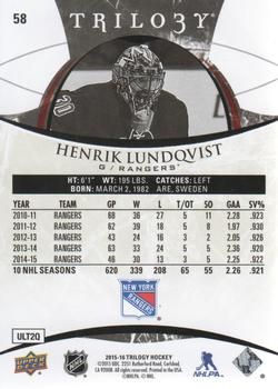 2015-16 Upper Deck Trilogy #58 Henrik Lundqvist Back