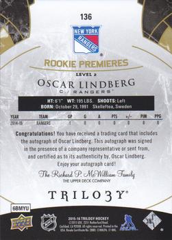 2015-16 Upper Deck Trilogy #136 Oscar Lindberg Back