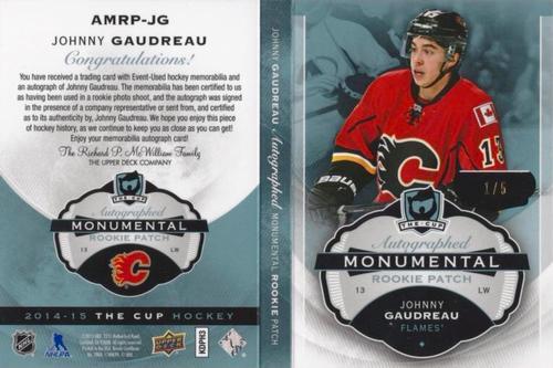 2014-15 Upper Deck The Cup - Autographed Monumental Rookie Patch Booklets #AMRP-JG Johnny Gaudreau Front