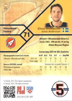 2012-13 Sereal KHL Basic Series #ATL-009 Jonas Andersson Back