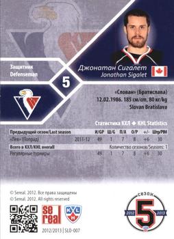 2012-13 Sereal KHL Basic Series #SLO-007 Jonathan Sigalet Back