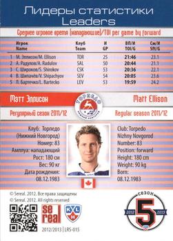 2012-13 Sereal KHL Basic Series - Leaders - Regular Season #LRS-015 Matt Ellison Back