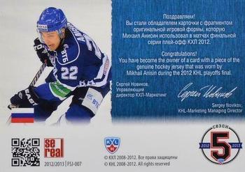 2012-13 Sereal KHL Basic Series - Final Series Single Jerseys #FSJ-007 Mikhail Anisin Back