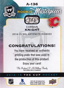 2014-15 Upper Deck The Cup - Printing Plates Artifacts Yellow #A-136 Corban Knight Back