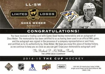2014-15 Upper Deck The Cup - Limited Logos Autographs #LL-SW Shea Weber Back