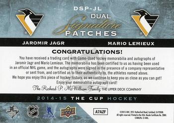 2014-15 Upper Deck The Cup - Signature Patches Dual #DSP-JL Jaromir Jagr / Mario Lemieux Back