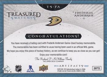 2015-16 Upper Deck Artifacts - Treasured Swatches Blue #TS-FA Frederik Andersen Back