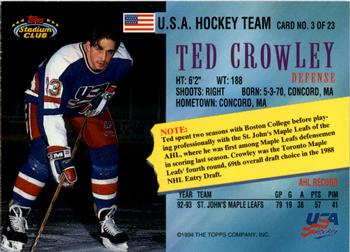 1993-94 Stadium Club - Team USA Members Only #3 Ted Crowley Back