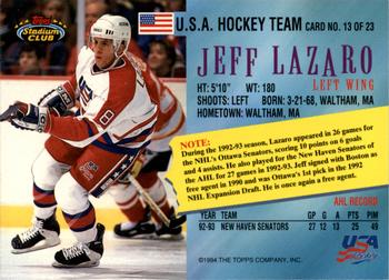1993-94 Stadium Club - Team USA Members Only #13 Jeff Lazaro Back