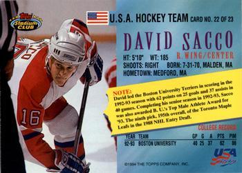 1993-94 Stadium Club - Team USA Members Only #22 David Sacco Back