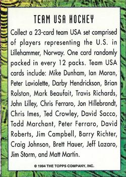 1993-94 Stadium Club - Info Cards #NNO Info Card: Team USA Hockey Back