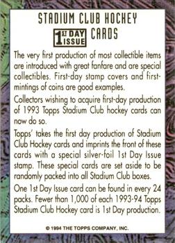 1993-94 Stadium Club - Info Cards #NNO Info Card: Stadium Club Hockey 1st Day Issue Cards Back