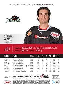 2015-16 Playercards Basic Serie 1 (DEL) #DEL-015 Daniel Weiß Back