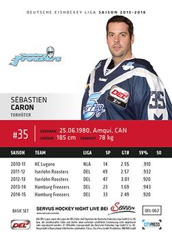 2015-16 Playercards Basic Serie 1 (DEL) #DEL-062 Sébastien Caron Back