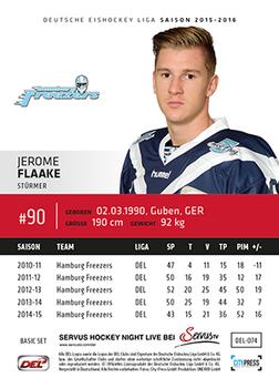 2015-16 Playercards Basic Serie 1 (DEL) #DEL-074 Jerome Flaake Back