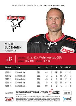 2015-16 Playercards Basic Serie 1 (DEL) #DEL-112 Mirko Lüdemann Back