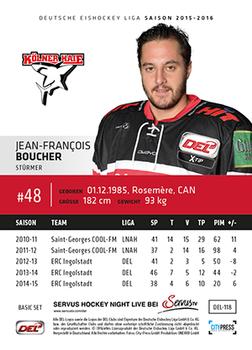 2015-16 Playercards Basic Serie 1 (DEL) #DEL-118 Jean-Francois Boucher Back