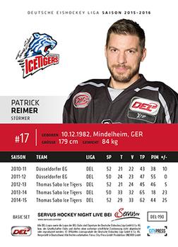 2015-16 Playercards Basic Serie 1 (DEL) #DEL-190 Patrick Reimer Back