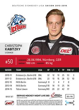 2015-16 Playercards Basic Serie 1 (DEL) #DEL-196 Christoph Kabitzky Back